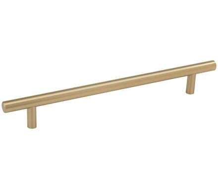 Bar pull cabinet handle in golden champagne finish, 7-9/16" center to center, sold individually for stylish cabinetry.