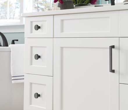 Blackrock Series cabinet pulls in various finishes, 5-1/16" center to center, enhancing modern kitchen design.