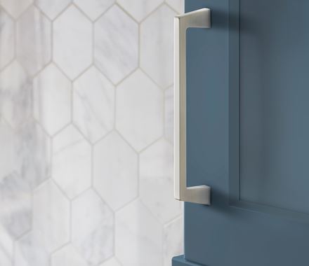 Sleek Blackrock cabinet pull with 6-5/16" center to center, available in multiple finishes, sold individually.