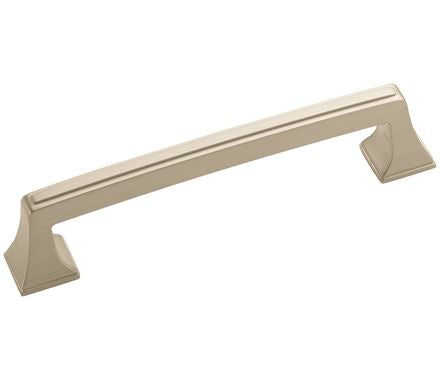 Satin nickel cabinet pull from the Mulholland Series, 5-1/16 inch center to center, sold individually.