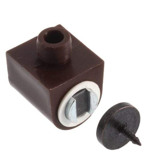 Adjustable magnetic cabinet catch in brown finish, made of Alnico, includes screw for easy installation.