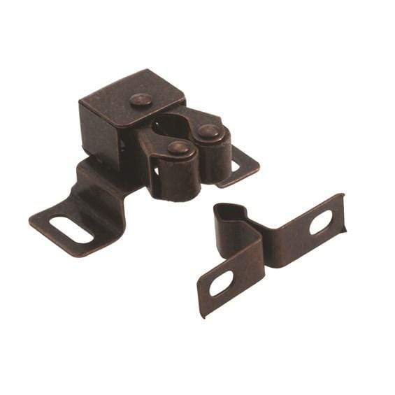 High rise double roller cabinet catch in various finishes, measuring 1-3/4 inches, sold individually for secure closure.