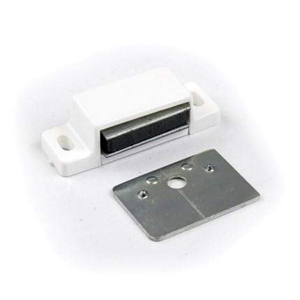 Compact magnetic cabinet catch with a metal plate, available in various finishes and load ratings, sold individually.