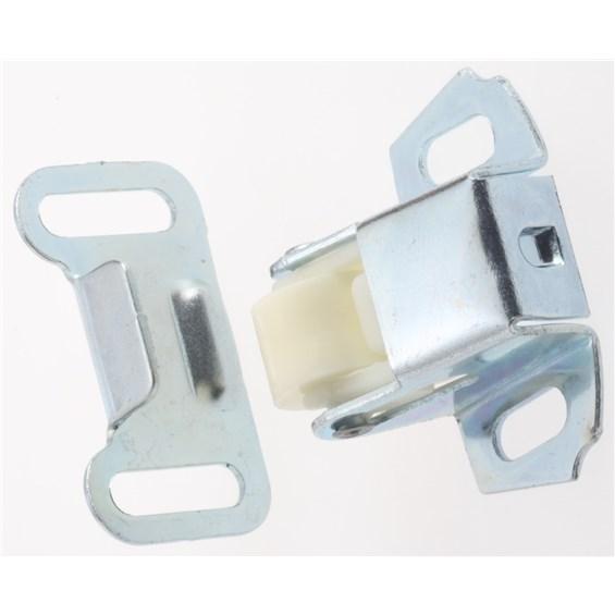 Spring-mounted roller cabinet catch in multiple finishes, sold individually for secure cabinet closure.