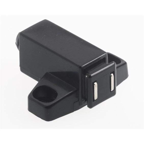 Black square profile cabinet catch with single or double magnets, designed for secure closure, sold individually.