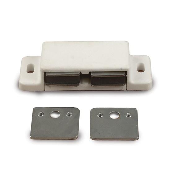 Strong double magnetic cabinet catch, 2-1/4 inches, available in multiple finishes, sold individually for secure closures.