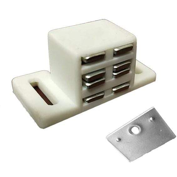 Strong nylon-housed magnetic cabinet catch with multiple finishes, sold individually for secure cabinet closure.