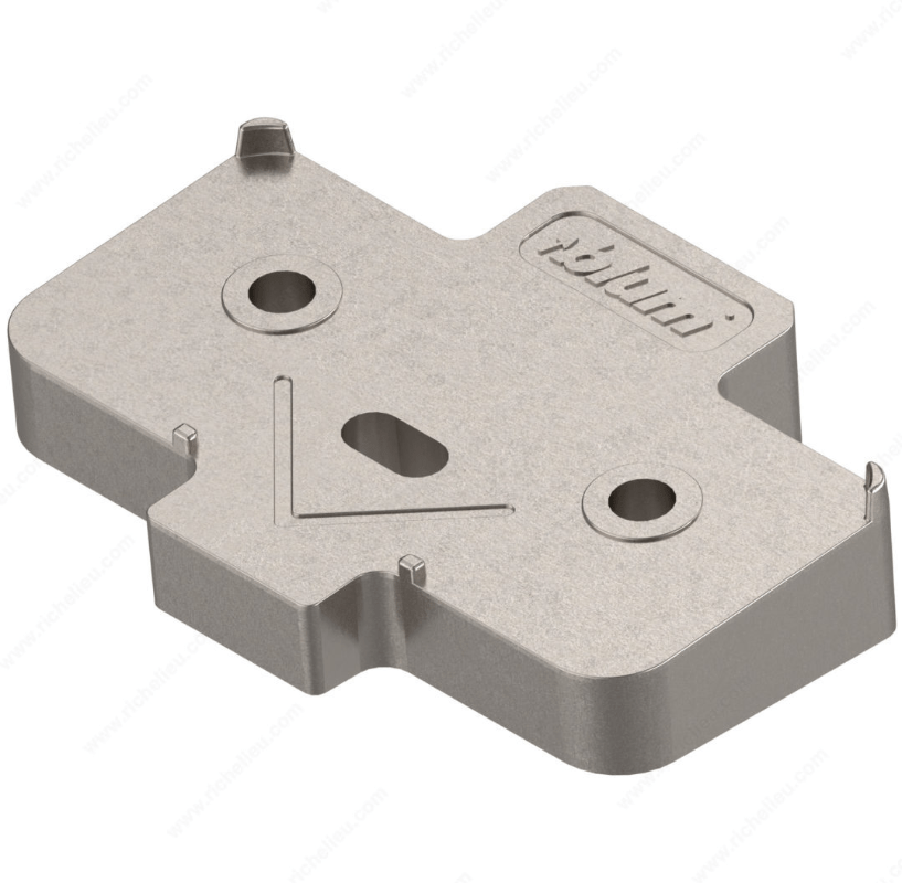Cabinet hinge angled spacer for mounting plate with a 5° opening angle, available in multiple sizes, sold individually.