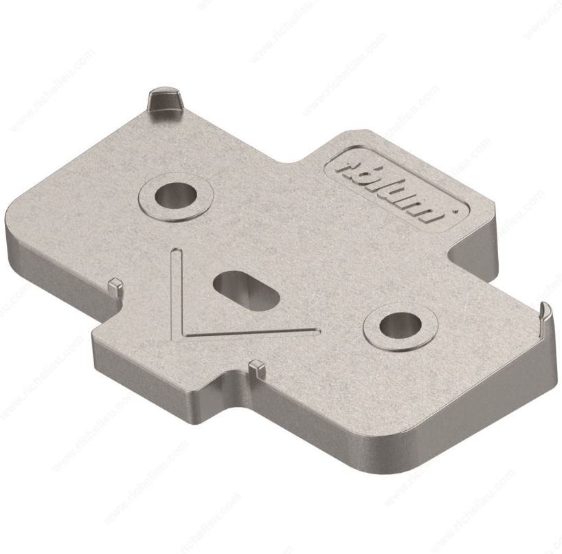 Angled spacer for cabinet hinge mounting plate with a 5° opening angle, available in multiple sizes, sold individually.