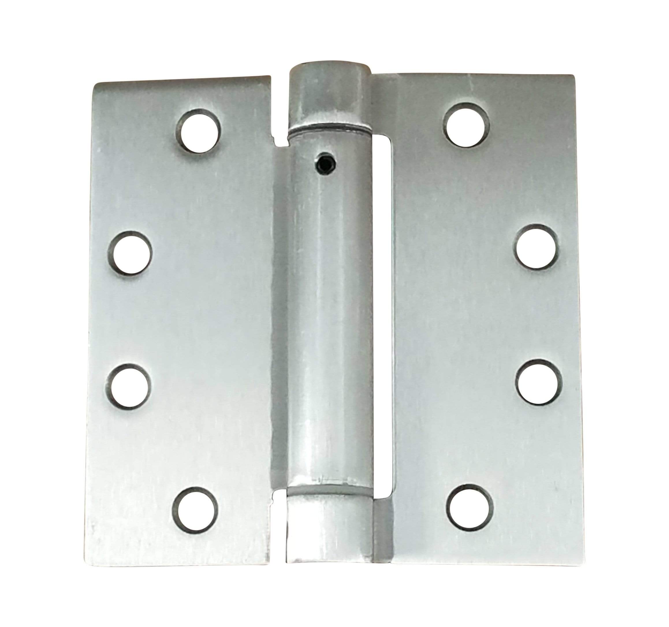 Spring hinges in a 4-inch square design with a template hole pattern, available in multiple finishes, sold in a 2-pack.