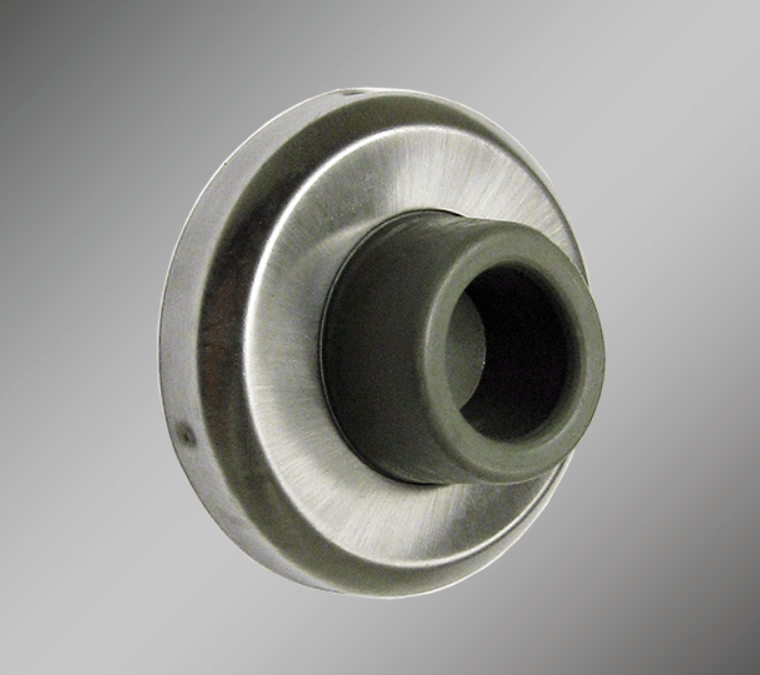 Concave wall door stop measuring 1 inch by 2.5 inches, available in multiple finishes, sold individually.