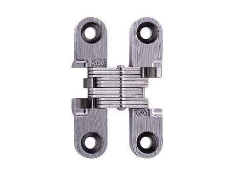 Concealed cabinet hinges in multiple finishes, 3/8 inch x 11/16 inch, for doors with minimum thickness of 1/2 inch.