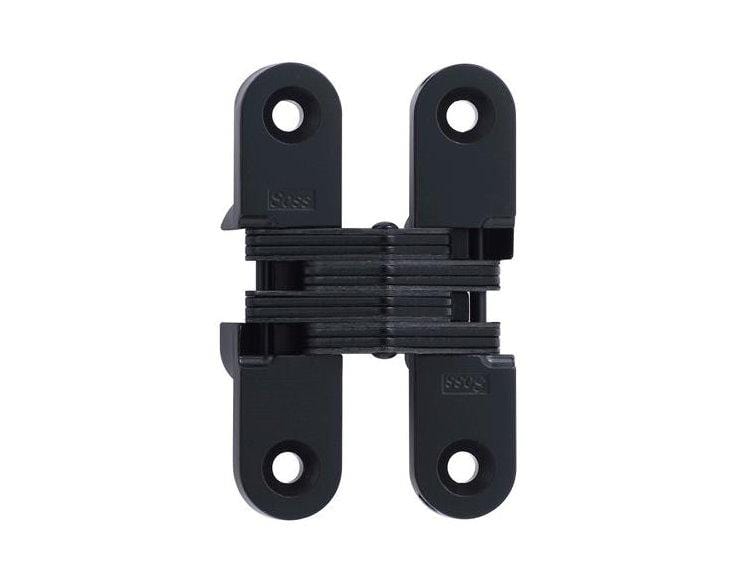 Concealed cabinet hinge in black, 5/8 inch x 2-3/4 inch, designed for doors with a minimum thickness of 1 inch.