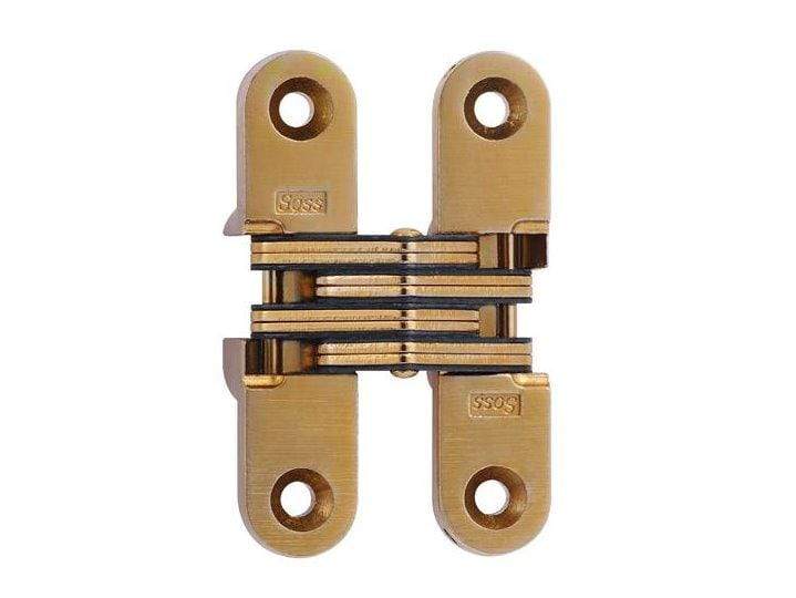 Concealed cabinet hinge in various finishes, measuring 5/8 inch by 2-3/4 inch for doors at least 1 inch thick.