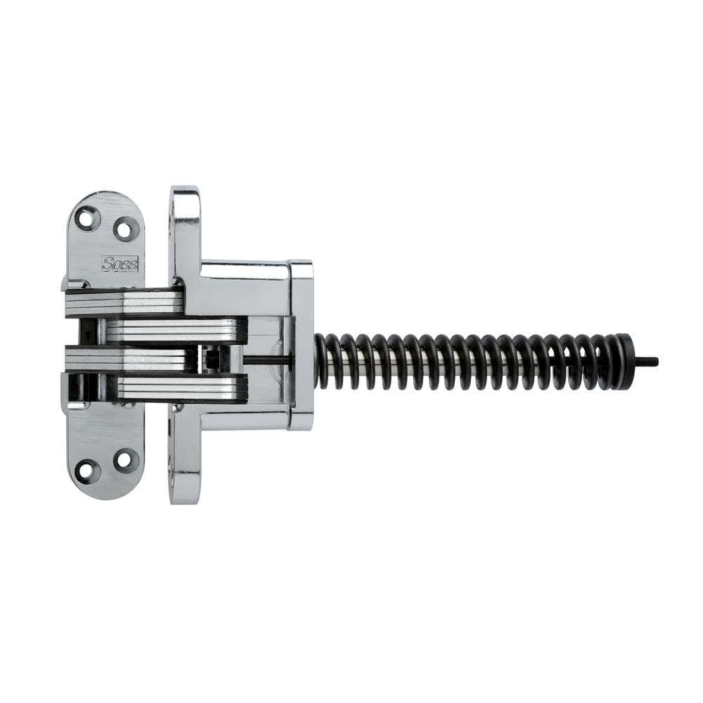 Concealed door spring hinge, 9 1/4 inches, for doors 2 inches thick, available in multiple finishes, sold individually.