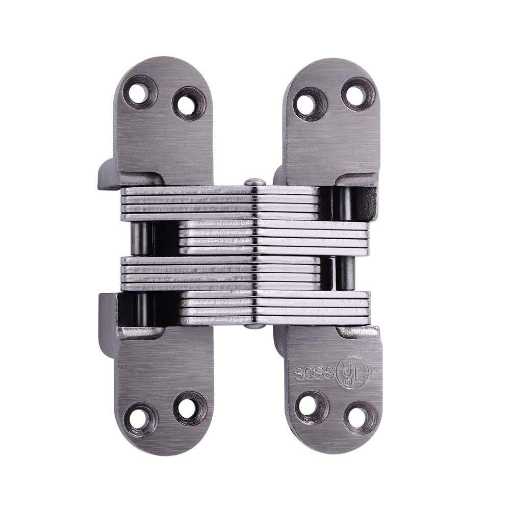 Concealed hinge for doors, 1-1/8 inch by 4-39/64 inch, alloy steel, suitable for 1-3/4 inch thick doors, various finishes.