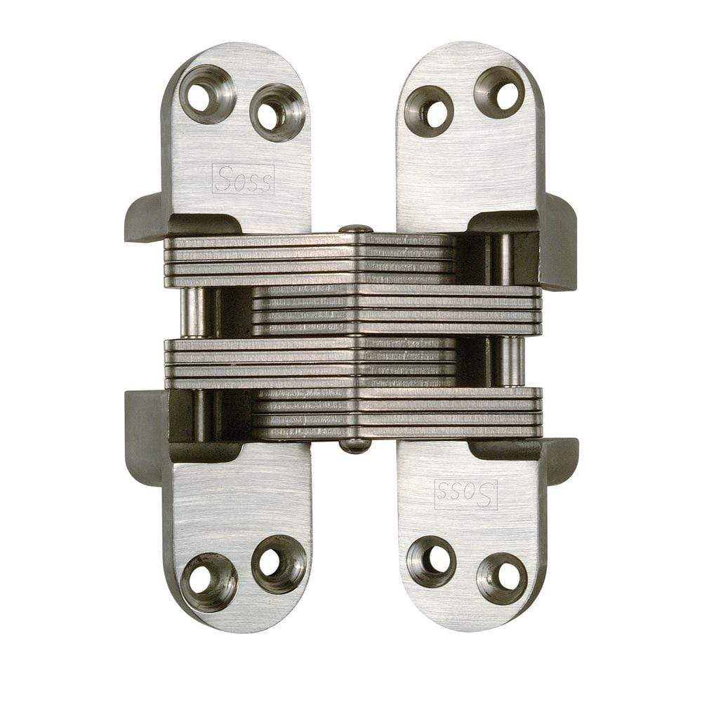 Concealed stainless steel hinge measuring 1-1/8 x 4-39/64 inches for doors with a minimum thickness of 1-3/4 inches.
