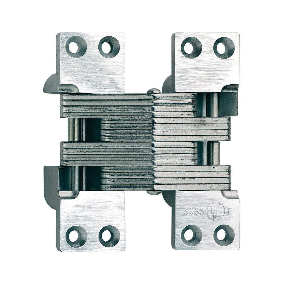 Concealed hinge made of alloy steel with a satin chrome finish, measuring 1-3/8 x 4-1/2 inches, sold individually.