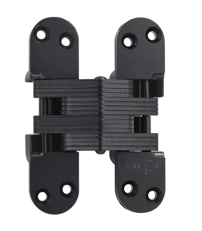 Concealed hinge for doors, 1-3/8 inch by 5-1/2 inch, alloy steel, suitable for 2-inch thick doors, multiple finishes.