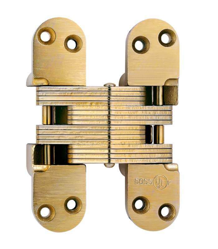 Concealed hinge for doors, 1-3/8 inch by 5-1/2 inch, alloy steel, suitable for 2-inch thick doors, multiple finishes.
