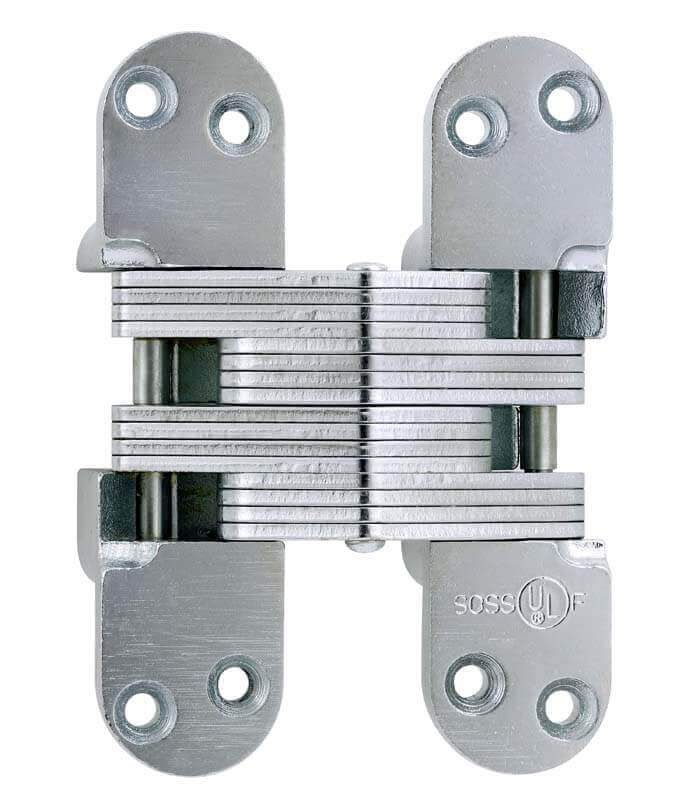 Concealed hinge for doors, 1-3/8 inch x 5-1/2 inch, alloy steel, suitable for 2 inch thick doors, multiple finishes.