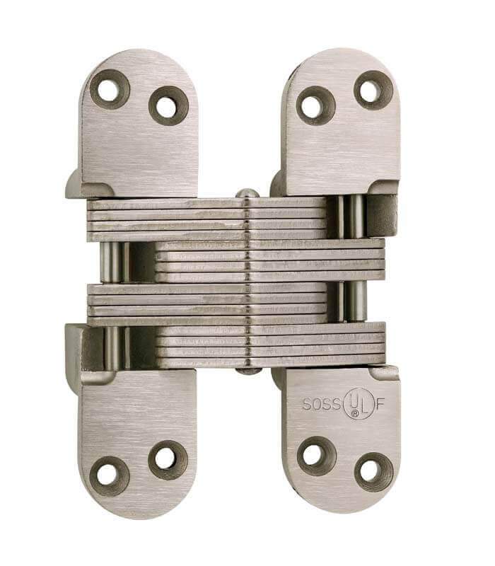 Concealed hinge for doors, 1-3/8 inch by 5-1/2 inch, alloy steel, suitable for 2 inch thick doors, multiple finishes.
