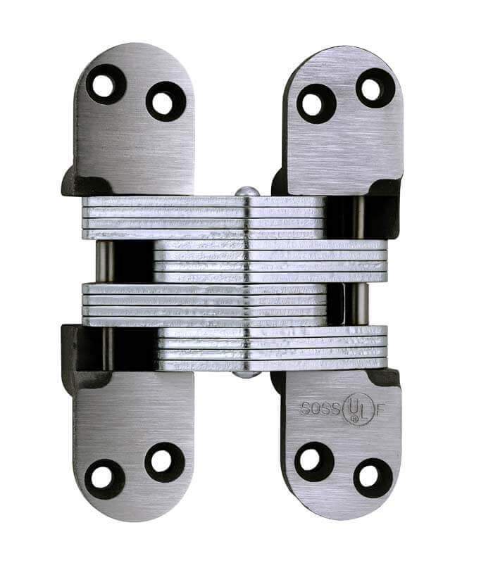 Concealed hinge for doors, 1-3/8 inch by 5-1/2 inch, alloy steel, suitable for 2-inch thick doors, available in multiple finishes.
