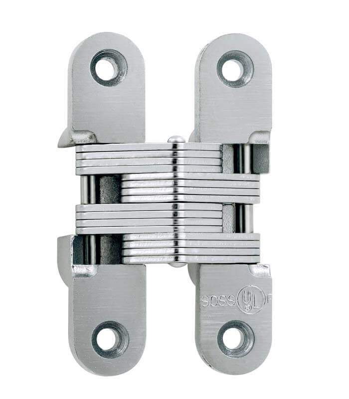 Concealed hinge made of alloy steel with a satin chrome finish, designed for 1-3/8 inch thick doors.