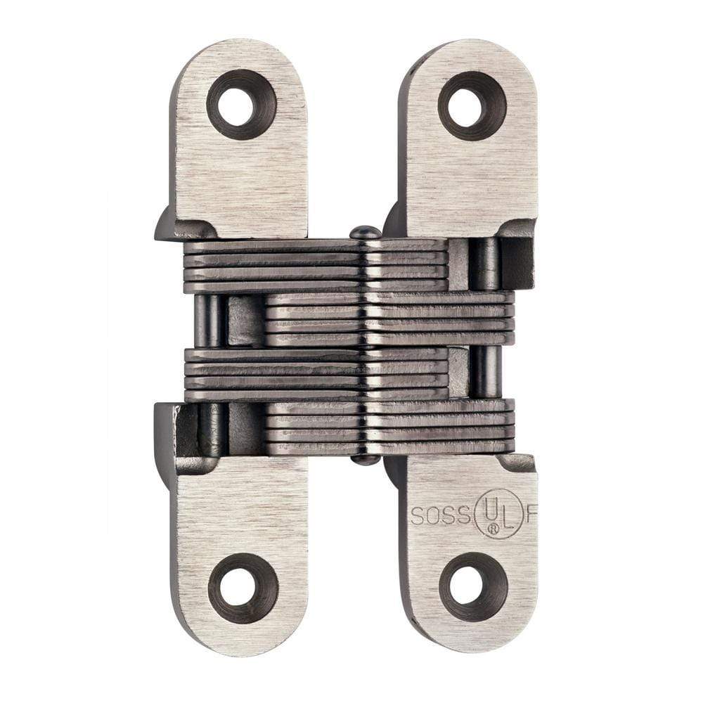 Stainless steel concealed hinge measuring 1 inch by 4-5/8 inch for doors with a minimum thickness of 1-3/8 inch.