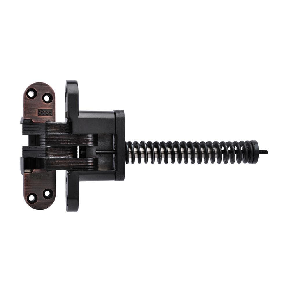 Concealed door spring hinge, 9 1/4 inches, for minimum 2-inch thick doors, available in multiple finishes, sold individually.