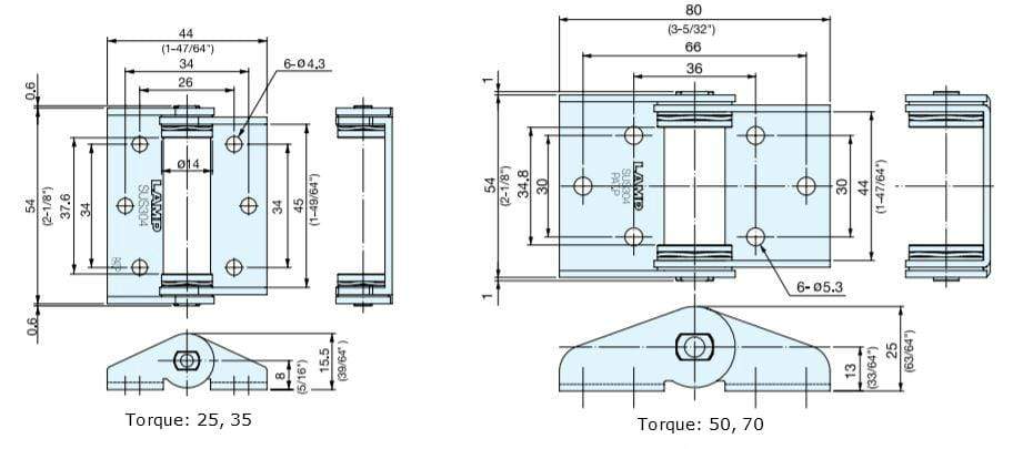 Stainless steel constant torque hinges for cabinets, sold individually, with detailed dimensions and torque specifications.