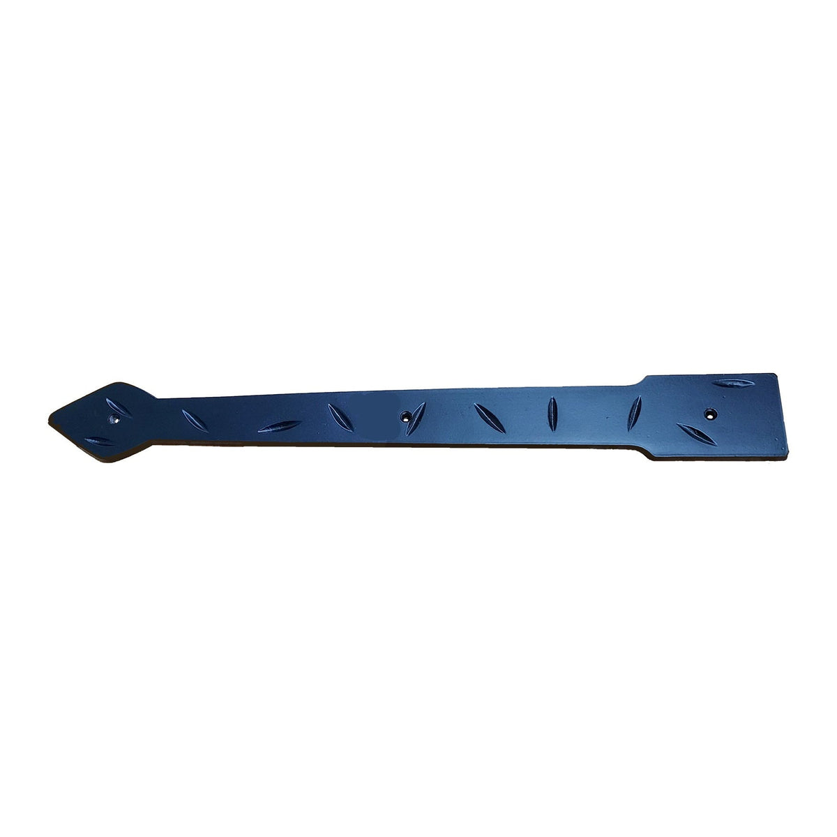 Decorative 18-inch dummy strap hinge in distressed arrow design, black powder coat finish, made of solid aluminum.