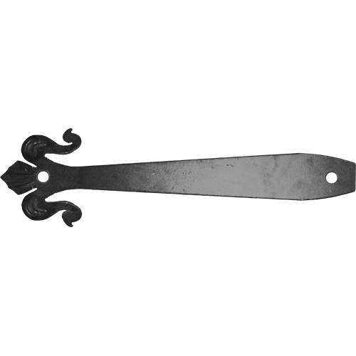 Decorative dummy strap hinge for gates, forged steel, 12-7/8 inches by 3-1/4 inches, sold individually.