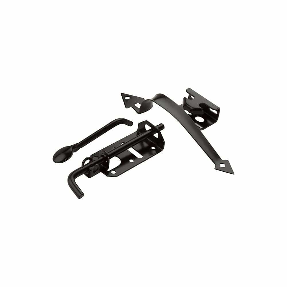 Decorative black gate latches for 1.5 to 3-inch thick doors, sold individually for secure and stylish closures.