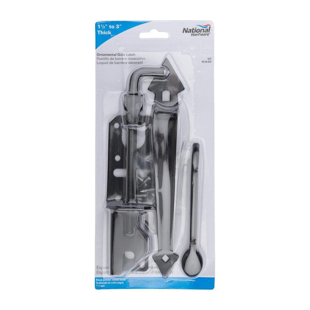 Decorative gate latch for 1.5 to 3-inch thick doors, featuring a black finish, sold individually. Ideal for enhancing security.