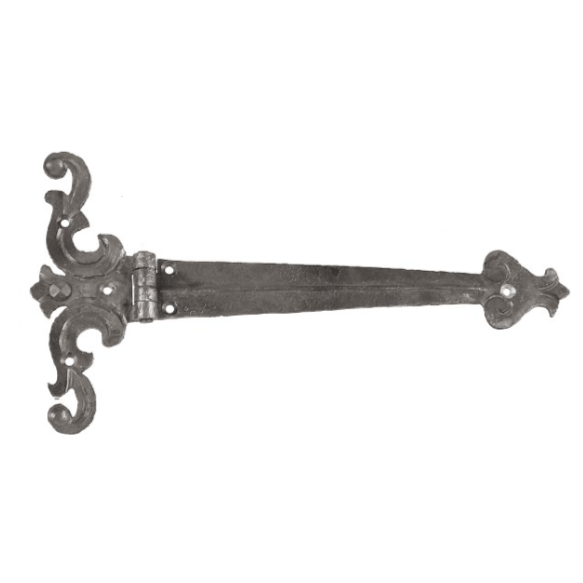 Decorative strap hinge for gates made of forged steel, measuring 16-9/16 inches by 8-7/16 inches, sold individually.