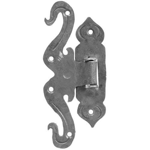 Decorative strap hinge for gates made of forged steel, measuring 3-3/4" x 8-1/4", sold individually.