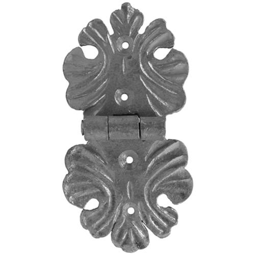 Decorative strap hinge for gates, forged steel, 6-5/16" x 3-1/8", sold individually for stylish functionality.