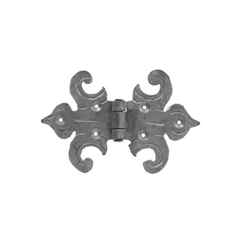 Decorative strap hinge for gates made of forged steel, measuring 6-7/8" x 4-5/16", sold individually.