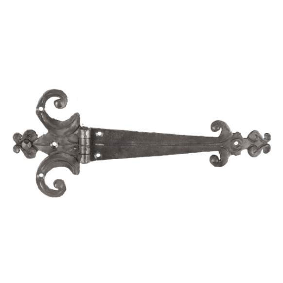 Decorative strap hinge for gates made of forged steel, measuring 15-3/4" x 6-1/2", sold individually.