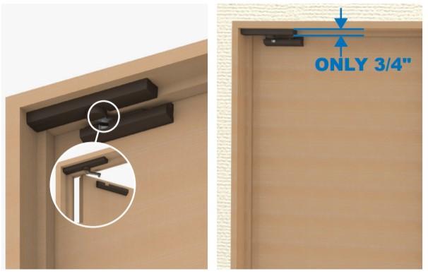 Self-closing door damper for doors up to 3 ft wide, 88 lb capacity, surface mount, available in multiple finishes.