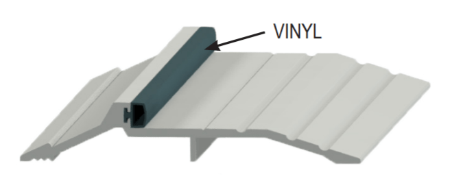 Heavy-duty panic saddle threshold with vinyl insert, 5-inch width, available in multiple sizes and finishes.