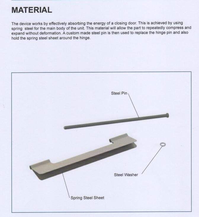 Door damper soft close for 3.5 and 4-inch hinges, includes steel pin and washer for preventing door slamming.