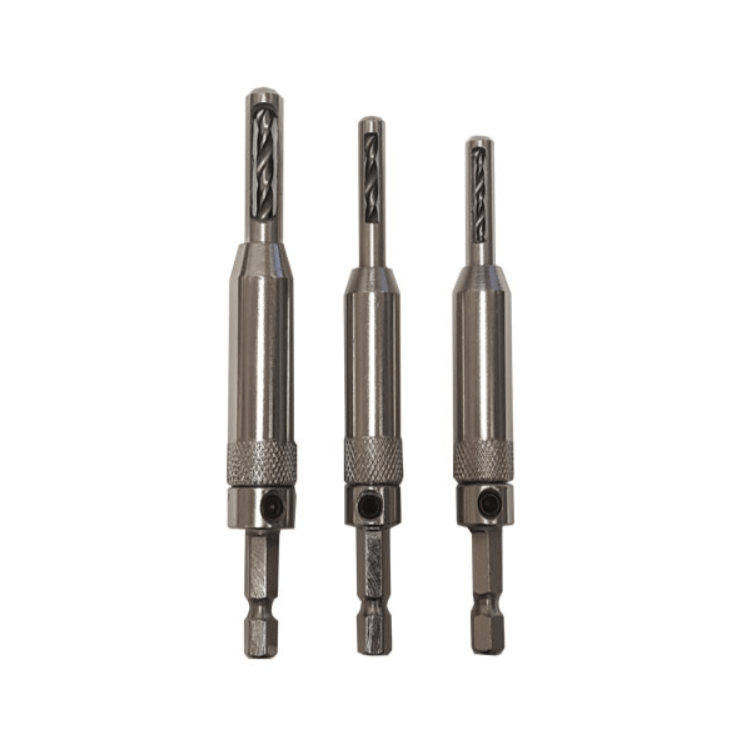 Set of three door hinge jig drill bits in sizes #4, #6, and #8 for precise hinge installation and woodworking projects.