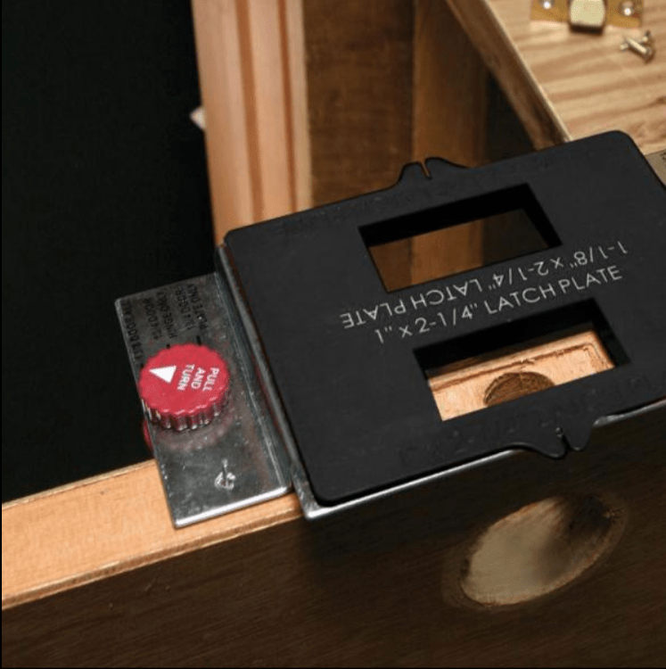 Hingemate 350 door hinge jig kit with templates, drill bit, and chisel for precise hinge and strike plate installation.