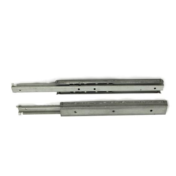 Heavy-duty ball bearing drawer slides in black finish, available in multiple sizes, sold in pairs for smooth operation.