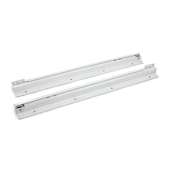 Super heavy-duty roller drawer slides in multiple sizes and finishes, sold in pairs for durable use.