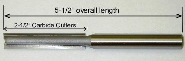 Extra long 2 flute carbide router bit measuring 5 1/2 inches, designed for precision cutting in woodworking.