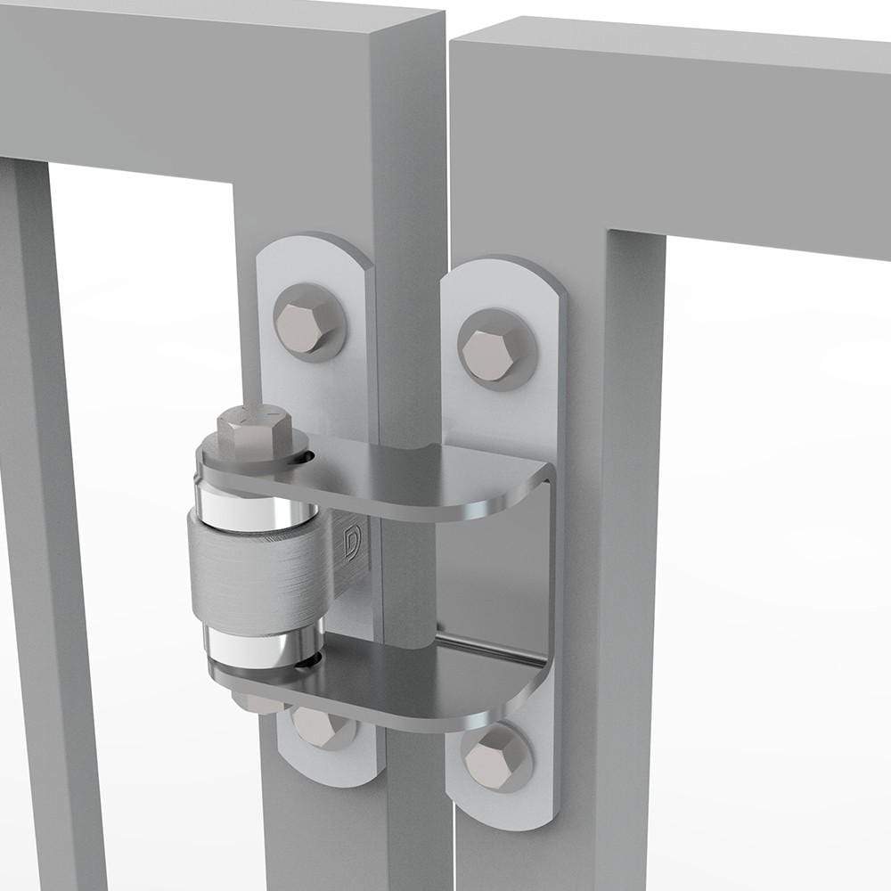 Heavy duty face mount gate hinge made of steel, supports up to 1,100 lbs, opens to 180 degrees, zinc plated.