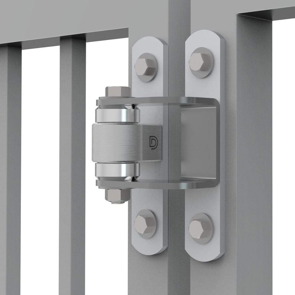 Heavy duty face mount gate hinge for bolt-on installation, steel construction, opens to 180 degrees, zinc plated.